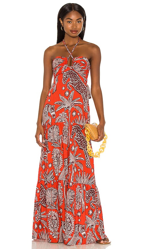 Johanna Ortiz Senores Del Fuego Maxi Dress in Macondo Picante Red & Chocolate