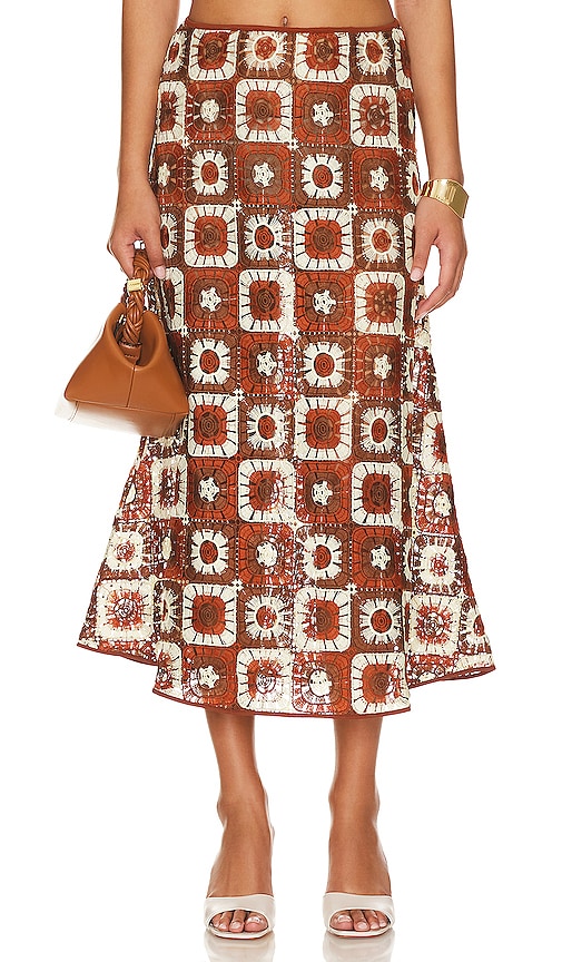 Johanna Ortiz Spice Island Midi Skirt in Mocha & Ecru