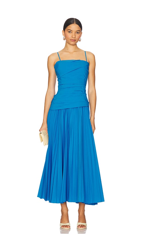 Simkhai Arie Strapless Gathered Pleated Cotton-blend Poplin Midi Dress In Blue