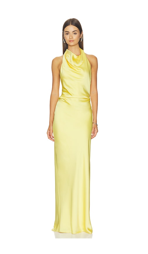 revolve yellow silk dress Bardot Devin Satin Maxi Dress in Lemon Yellow