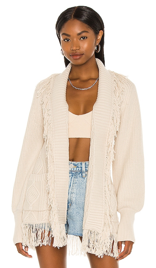 SIMKHAI Fisherman Knit Fringe Cardigan in Stone