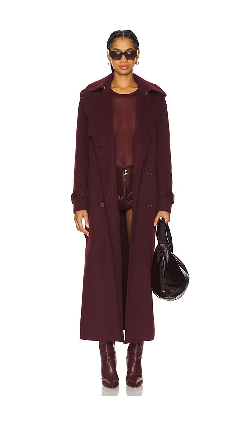 SIMKHAI Rumi Belted Long Coat in Oxblood