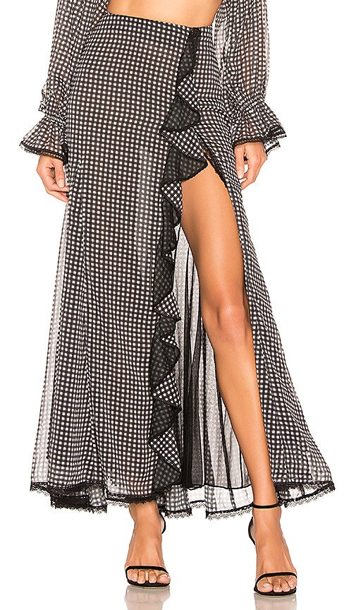Gingham Ruffle Slit Maxi Skirt
