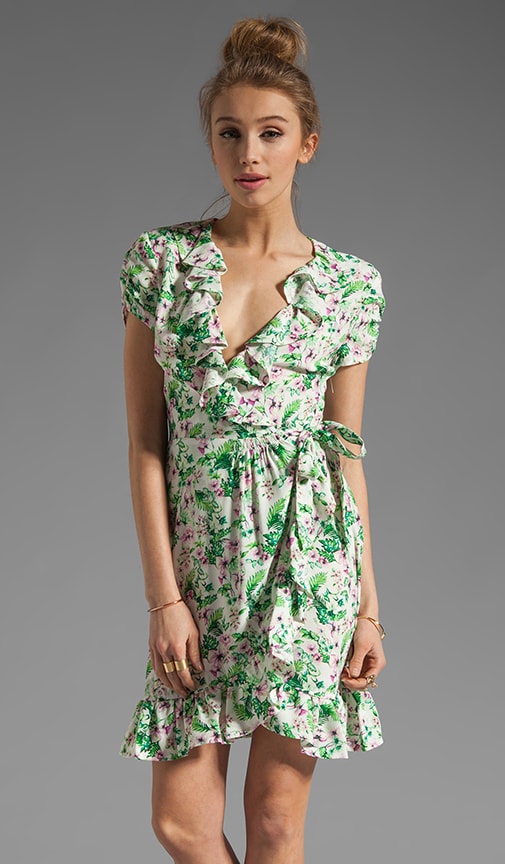 green wrap dress with white flowers
