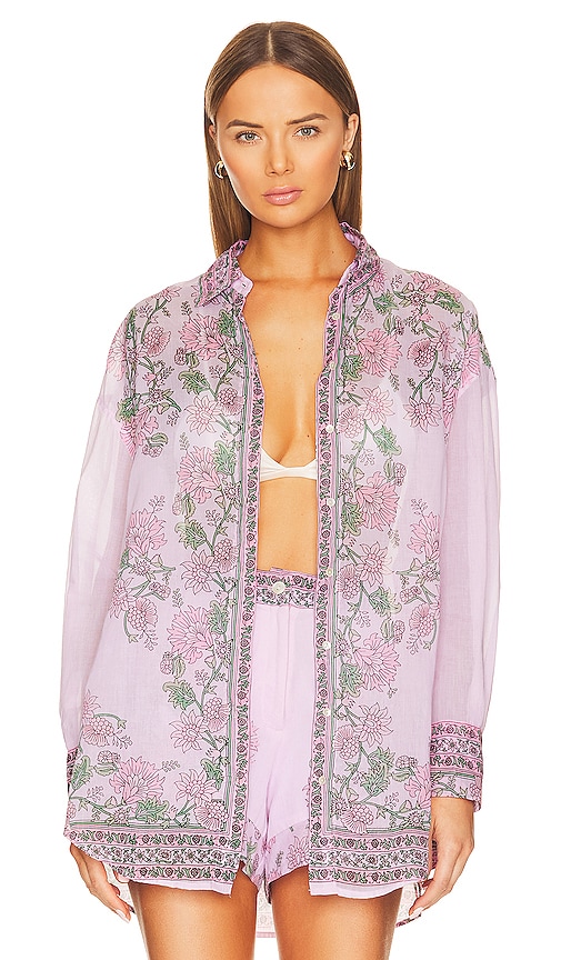 Juliet Dunn Rose Border Print Shirt In Lipstick Pinks Revolve