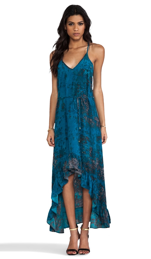 Silk Teal Granite Print Romantic Maxi Dress