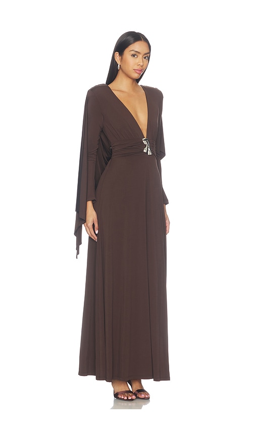 Kate Barton Aura Plunging Cape Jersey Maxi Dress In Brown