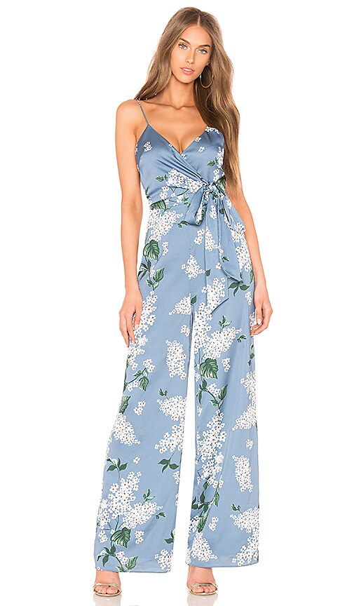 blue jumpsuit with flowers