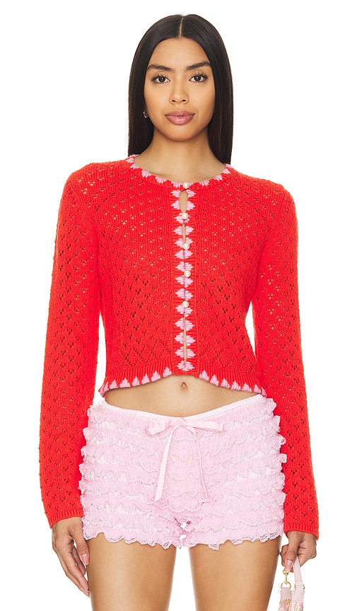 Shop Kitri Carmel Pointelle Cardigan In Red