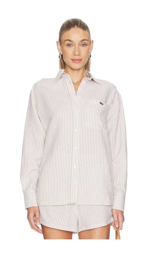 Lacoste Camisa De Corte Oversize Con Estampado Toile En Color Beige Talla 38  (también En 34, 40, 42). 