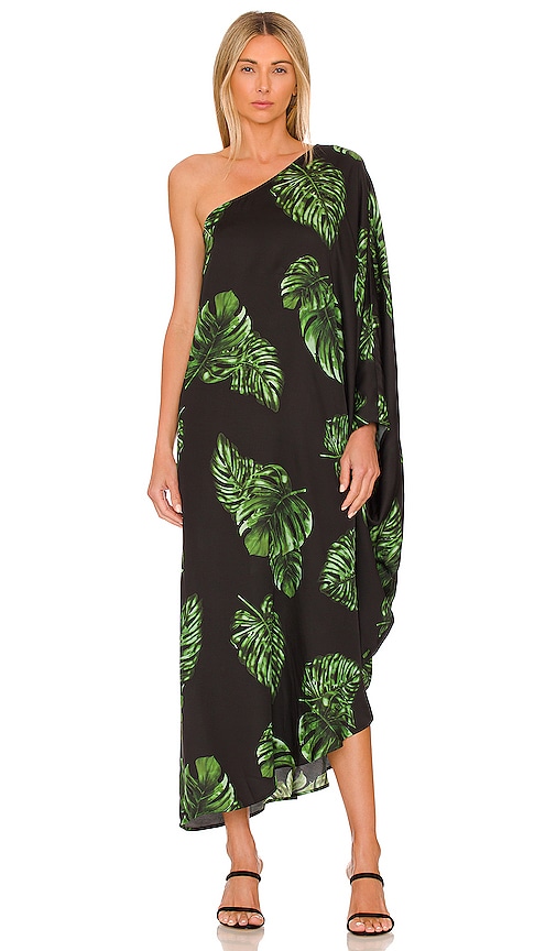L'AGENCE Selena One Shoulder Dress in Black & Tropical Green Multi ...