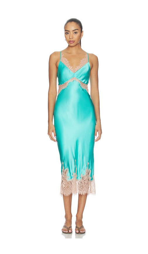 scotly silk lace dress L'AGENCE Scotly Lace Trim Midi Dress in Teal