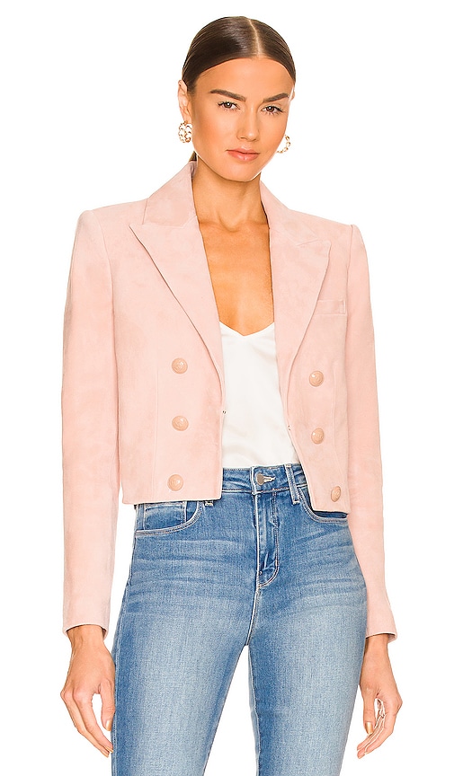 L'AGENCE Inez Cropped Leather Blazer in Dusty Pink | REVOLVE