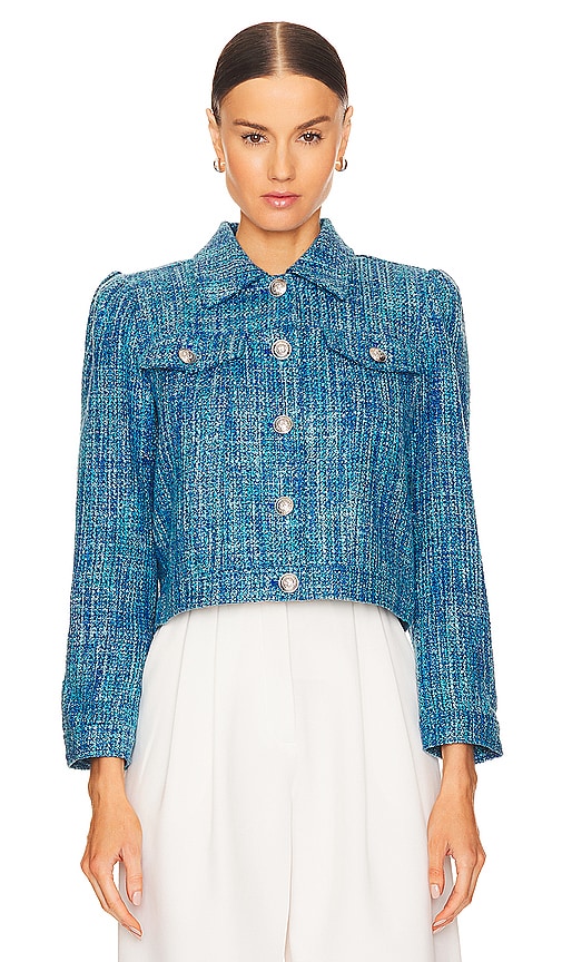 Shop L Agence Kasey Bracelet Sleeve Jacket In Caribbean Blue Multi Tweed