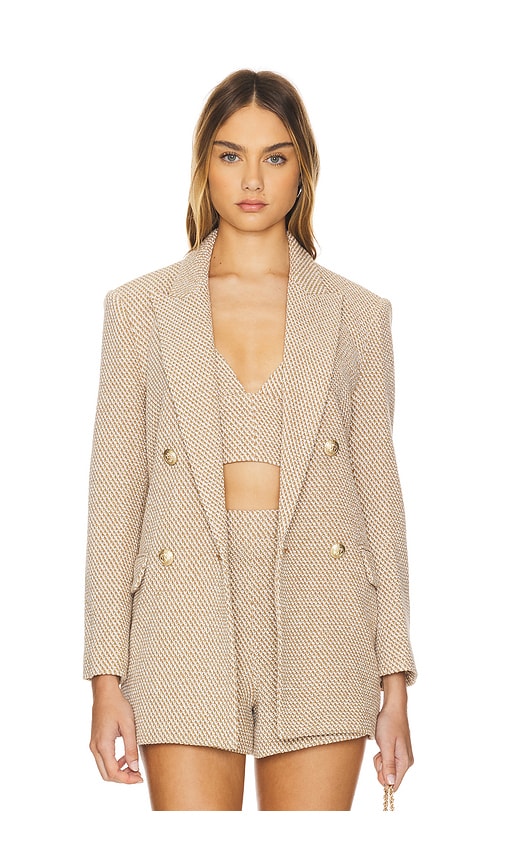 L'AGENCE Riva Knit Double Breasted Blazer in Tan & Ivory