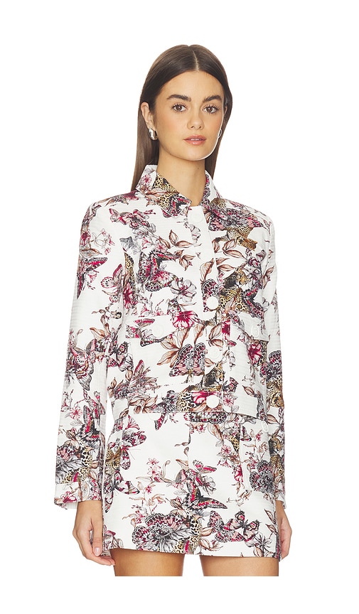  L'agence Nyx Crop Jacket In White Multi Large Butterfly Jungle In White,pink. Taglia 00. Also In 0, 2, 4, 6, 8. 