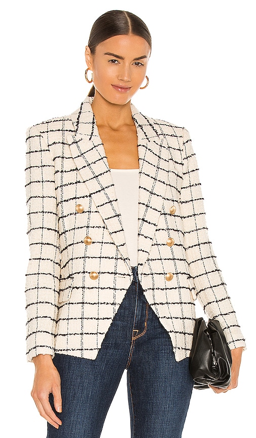 L'AGENCE Kenzie Double Breasted Blazer in Ecru & Black Plaid