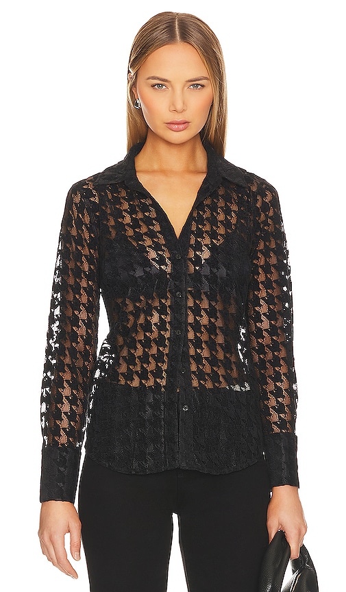 L'AGENCE Hailey Tall Cuff Shirt in Black Houndstooth