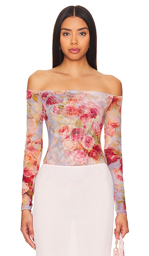 L'AGENCE Peony Off Shoulder Bodysuit in Multi Soft Cloud Floral