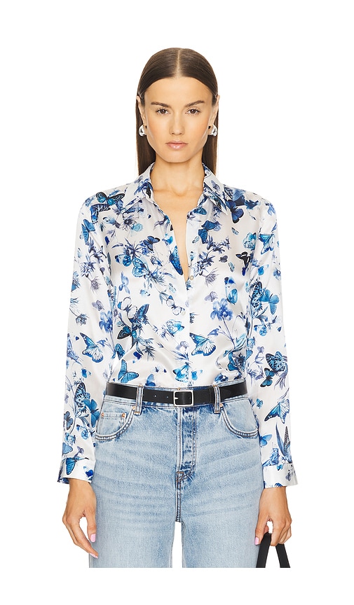 Shop L Agence Tyler Long Sleeve Blouse In White & Blue Tonal Butterflies