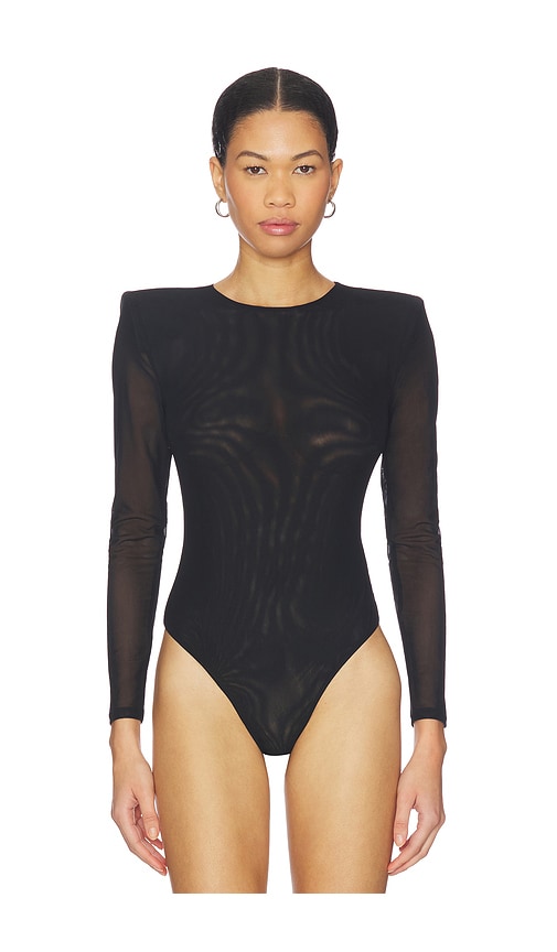L'agence Trista Shoulder Pad Thong Bodysuit Black