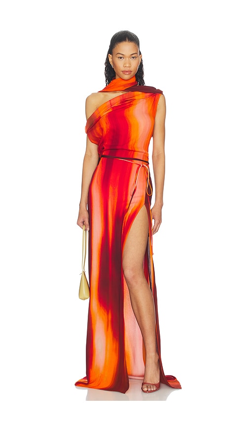 LaQuan Smith Asymmetrical Draped Dress With Scarf