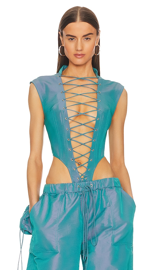 Shop Laquan Smith Utility Bodysuit With Lace Up Detail In Teal
