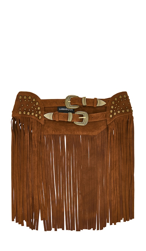 LAMARQUE x REVOLVE Kace Studded Fringed Suede Double Belt in Distressed Cognac