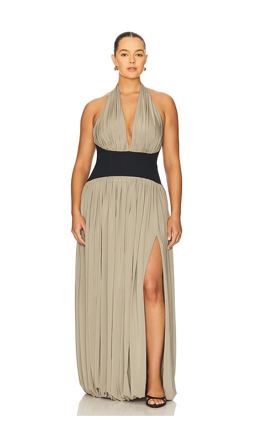 nilsa dress in brown & beige multi l'academie Botanist Flock Dark Taupe Midi Dress
