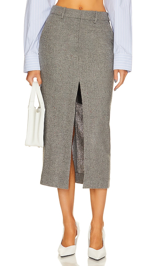 L'Academie Kit Tweed Midi Skirt in Grey Tweed