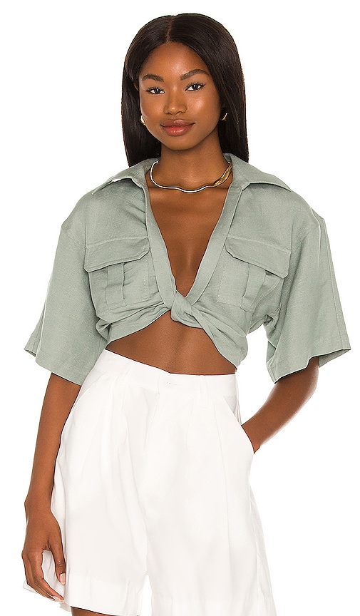 L'Academie The Chrisa Crop Blouse in Sage Green