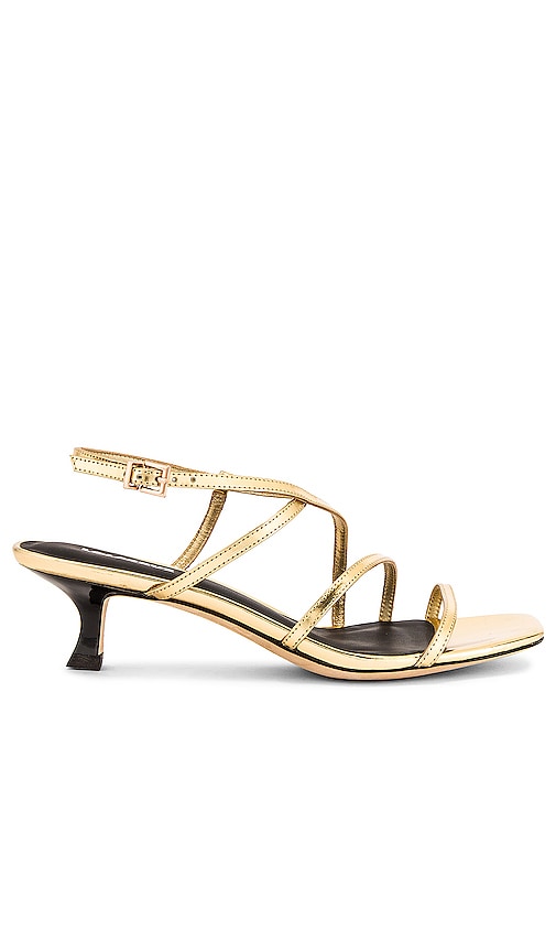 Lola Cruz Saturn Mirror Kitten Heel Sandals in Gold | REVOLVE