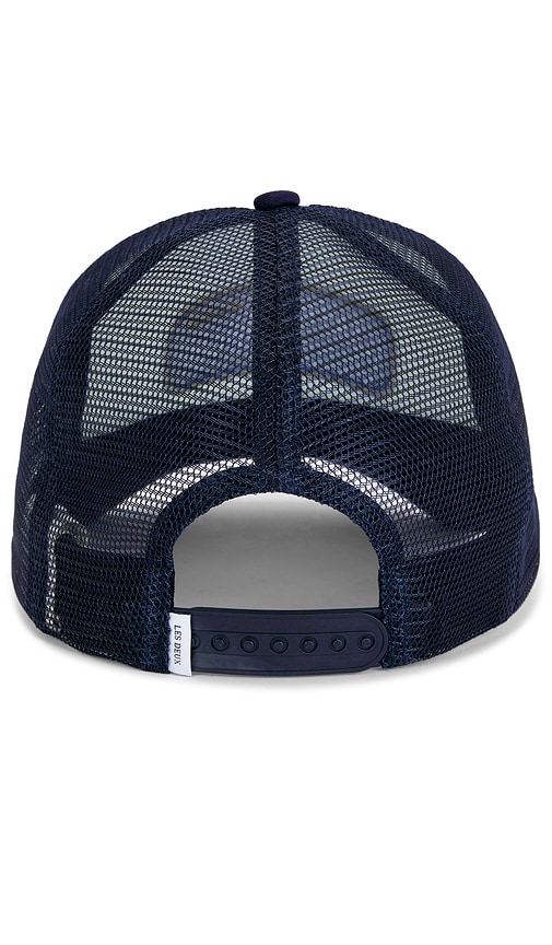 Shop Les Deux Route Foam Trucker Cap In Dark Navy & Light Ivory