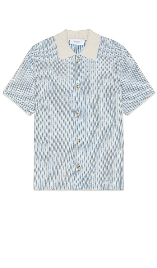Shop Les Deux Easton Knitted Shirt In Washed Denim Blue & Ivory