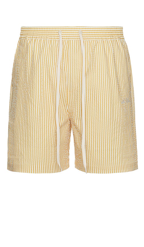 Shop Les Deux Stan Stripe Seersucker Swim Shorts In Mustard Yellow & Light Ivory