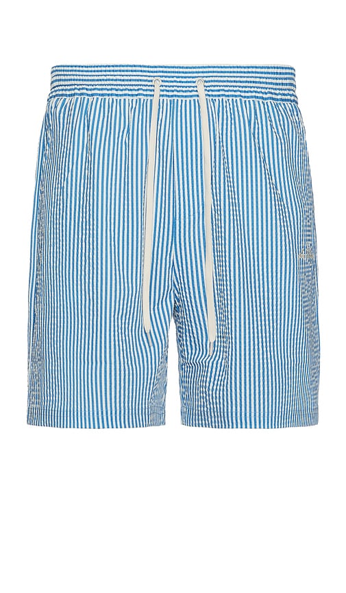 Shop Les Deux Stan Stripe Seersucker Swim Shorts In Washed Denim Blue & Light Ivory
