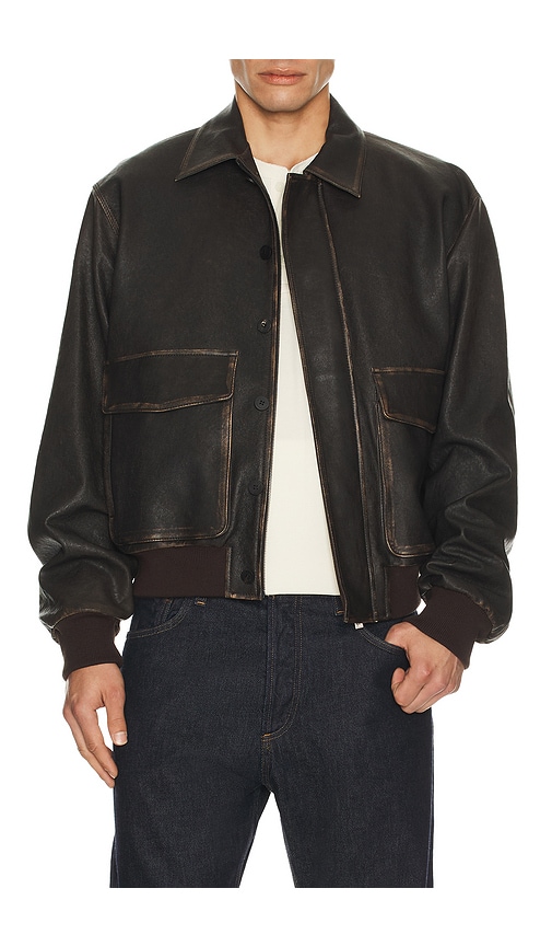 Le17Septembre Distressed Leather Bomber Jacket in Brown