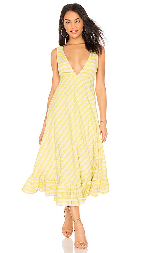 Line & Dot Ali Ruffled Hem Dress in White & Yellow | REVOLVE