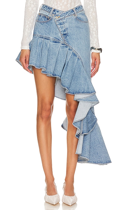 Shop Leje Asymmetric Frill Denim Skirt In 蓝色