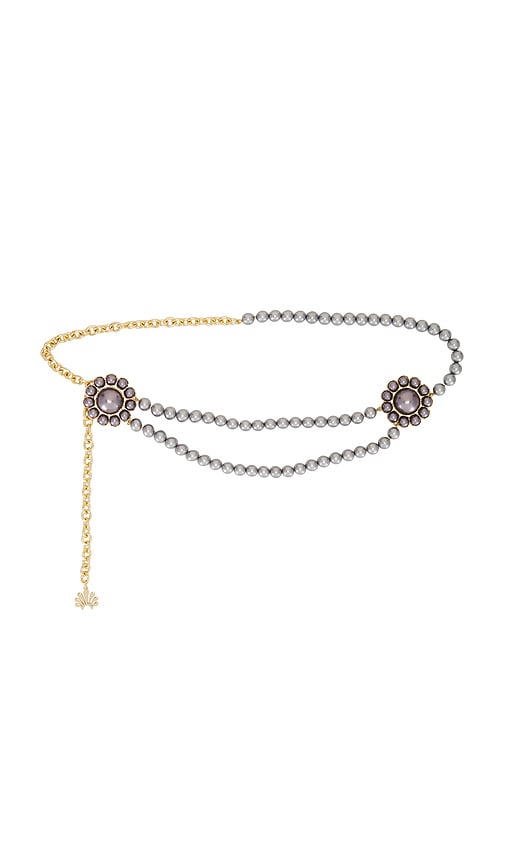 Shop Lele Sadoughi Clementine Pearl Charm Belt In Metallic Gold