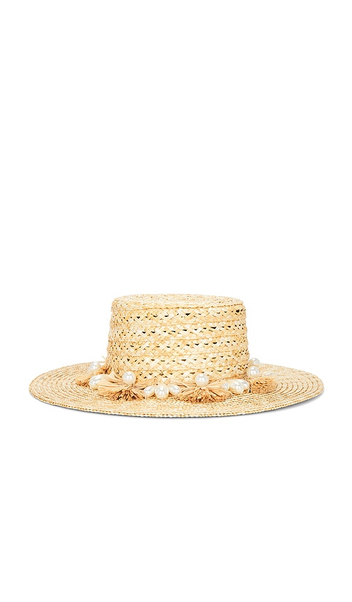 Pearl Poms Straw Hat in Tan.