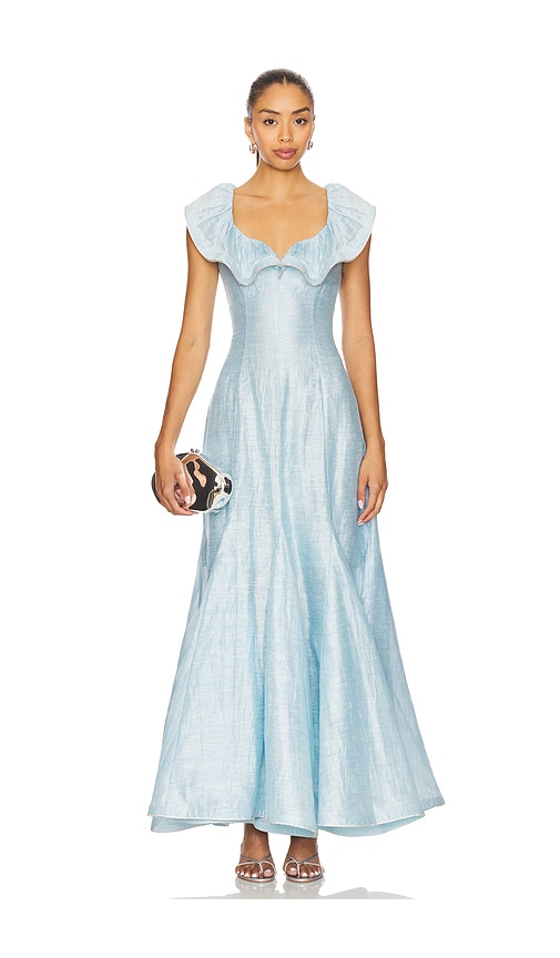 blue ruffle dress revolve LA FUORI x REVOLVE Azure Ruffle Dress in Blue