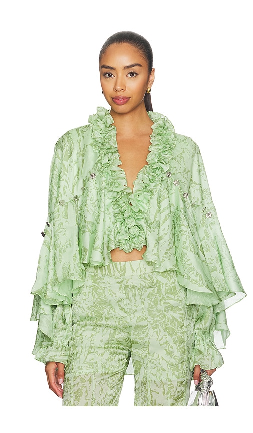 La Fuori Mistleaf Ruffle Printed Top In Green