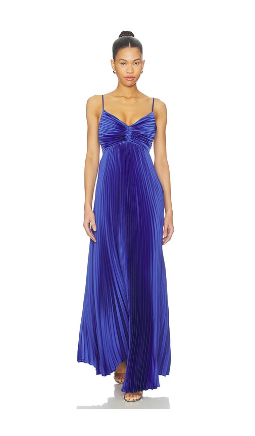 Likely Asra Pleated Satin Gown In Blue