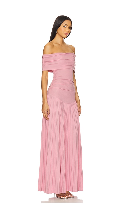 Lioness Field Of Dreams Foldover Bardot Ruched Drop Waist Pleated Maxi Dress