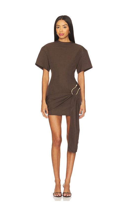 Lioness Martini Structured High Neck Drape Waist Metal Hardware Detail Mini Dress In Brown