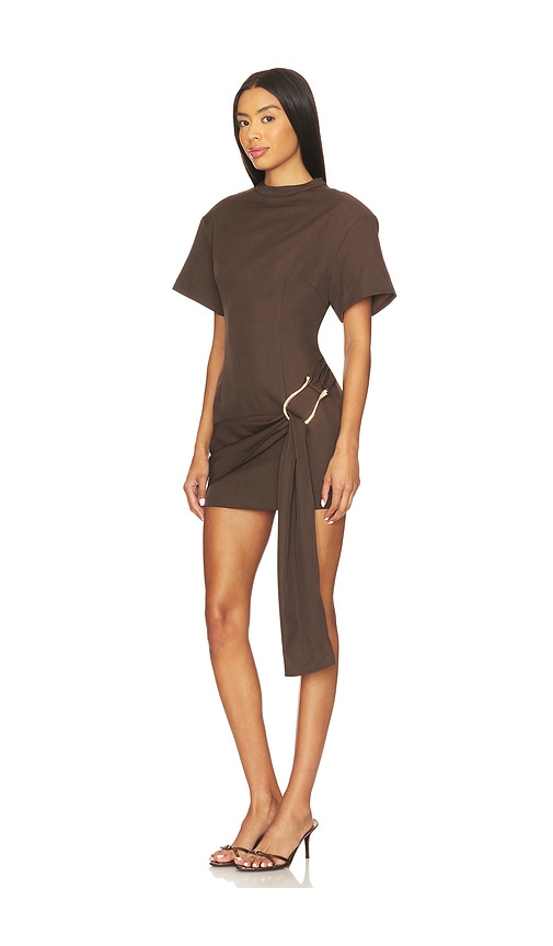 Lioness Martini Structured High Neck Drape Waist Metal Hardware Detail Mini Dress In Brown