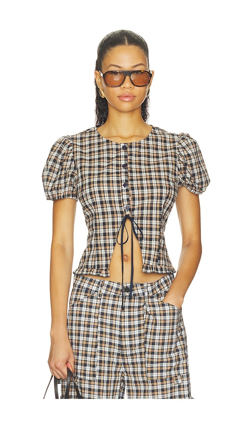 Bardot Top by Lioness in Beige Tartan