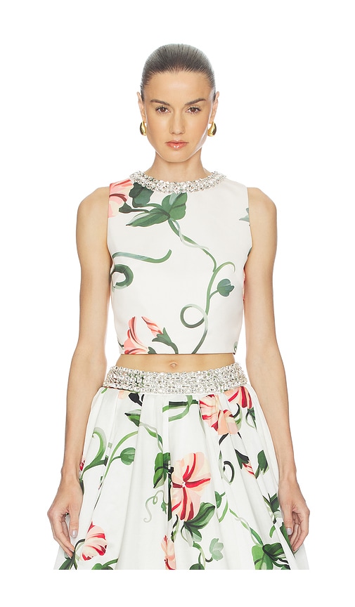 LEO LIN Iris Embellished Top in Vine Print In Snow
