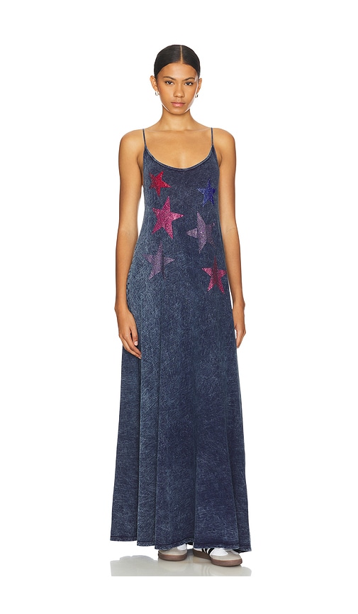 Shop Lauren Moshi Berna Spaghetti A Line Maxi Dress Color Crystal Multi Stars In Blue